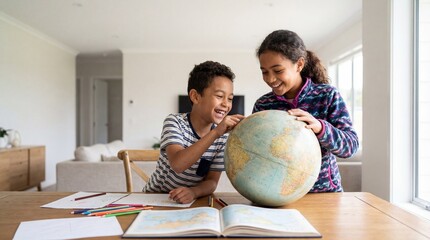 Happy mixed race siblings laughing and pointing at a globe while studying geography at a wooden dining table in a bright modern home interior