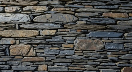 Fototapeta premium Detailed close-up of a rustic dry stone wall showcasing various natural rock textures and patterns, forming a beautiful earthy background for design projects