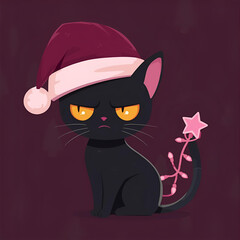 Soft Pastel Annoyed Black Cat in Cozy Santa Hat &ndash; Cute Christmas Cartoon Illustration