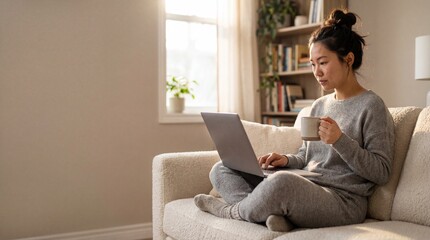 Focused young Asian woman sitting cross legged on sofa using laptop computer and holding coffee cup in sunny cozy living room while working from home