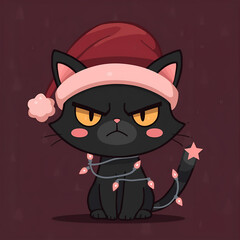 Soft Pastel Annoyed Black Cat in Cozy Santa Hat &ndash; Cute Christmas Cartoon Illustration