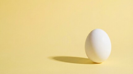 Minimalist studio shot of single white chicken egg standing upright on smooth pastel yellow background with sharp shadow and directional lighting