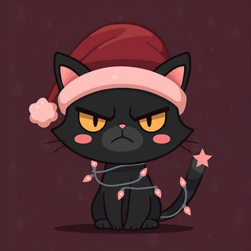 Soft Pastel Annoyed Black Cat in Cozy Santa Hat &ndash; Cute Christmas Cartoon Illustration