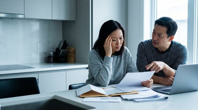 Stressed Asian couple checking unpaid bills and laptop at home kitchen table while discussing financial crisis and debt problems together