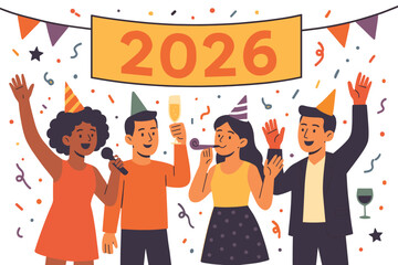 Vector Illustration Of New Year Party Scene With 2026 Banner Poster