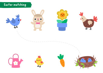 Easter matching activity with cute animals and spring elements. Holiday puzzle with bunny, carrot, bird, nest, flower, watering can, hen, chick. Match objects game, printable worksheet, puzzle