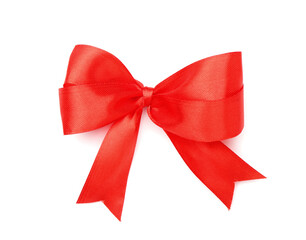 Beautiful bow made with red ribbon isolated on white, top view