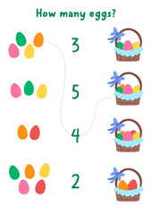 Match the numbers simple Easter game with baskets and colored eggs. Spring math activity for preschool kids. Educational counting worksheet with holiday symbols