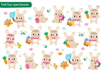Obraz premium Find two same bunnies. Easter village matching activity for children. Spring holiday educational quiz worksheet for kids. Printable game with cute hares with egg baskets, carrots, flowers