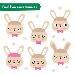 Find two same bunnies. Easter village matching activity for children. Spring holiday educational quiz worksheet for kids. Printable game with cute hare faces © Lexi Claus