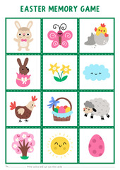 Vector Easter memory game cards with cute holiday symbols. Spring matching activity. Remember and find correct card. Simple printable worksheet for kids with bunny, egg, basket, chick, hen, sun