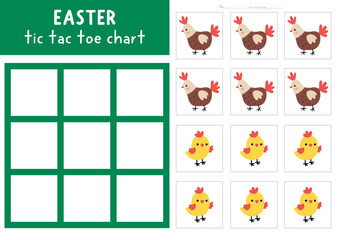 Vector Easter village tic tac toe chart with holiday symbols. Spring board game playing field with cute characters. Funny printable worksheet. Noughts and crosses grid with hen and chick