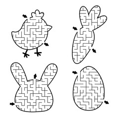 Easter village geometrical maze set for kids with holiday symbols. Spring preschool printable activity shaped as chick, bunny, egg, carrot. Labyrinth game or puzzle collection for children