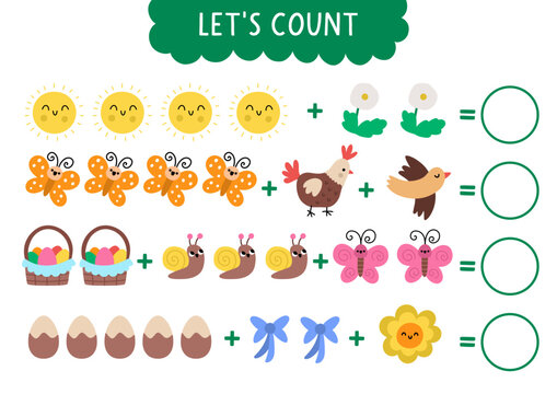 Vector math game. How many Easter symbols. Spring holiday addition activity for preschool children. Simple printable counting worksheet for kids with chocolate egg, flower, hen, sun, basket