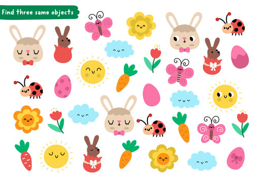 Find two same objects. Easter village matching activity for children. Spring educational quiz worksheet for kids with holiday symbols. Printable game with cute bunny, eggs, carrots, flowers