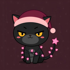 Soft Pastel Annoyed Black Cat in Cozy Santa Hat &ndash; Cute Christmas Cartoon Illustration