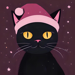 Soft Pastel Annoyed Black Cat in Cozy Santa Hat &ndash; Cute Christmas Cartoon Illustration