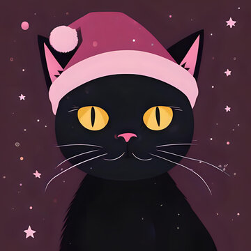 Soft Pastel Annoyed Black Cat in Cozy Santa Hat &ndash; Cute Christmas Cartoon Illustration