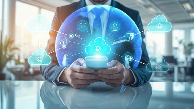 Business professional holding glowing cloud interface with connected data icons in a modern office environment highlighting secure digital services