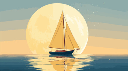 Sailboat Floating on Water with Full Moon Reflection - Serene Night Scene