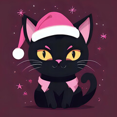 Soft Pastel Annoyed Black Cat in Cozy Santa Hat &ndash; Cute Christmas Cartoon Illustration