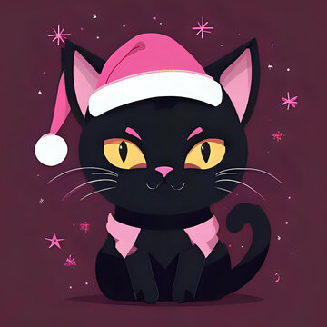 Soft Pastel Annoyed Black Cat in Cozy Santa Hat &ndash; Cute Christmas Cartoon Illustration