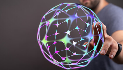 Abstract image of a person holding a glowing sphere, symbolizing connection, network, and technology. Ideal for concepts like data, c