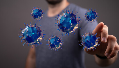 Conceptual image of a man interacting with floating virus cells, representing the concept of...