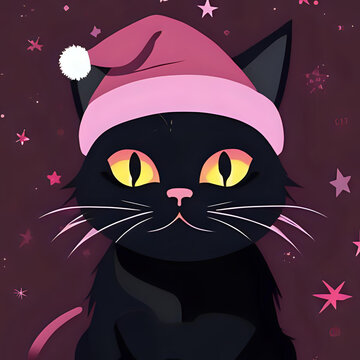 Grumpy Black Cat in Burgundy Santa Hat &ndash; Cute Holiday Cartoon Illustration