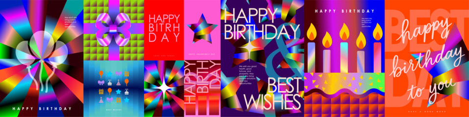 Happy Birthday. Modern abstract gradient 3D vector illustrations of a gift, balloons, star, cake, candles, and festive typography for greeting card, corporate business card, poster, background