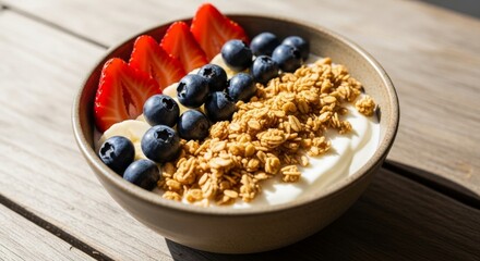 A delicious and healthy breakfast bowl overflowing with fresh yogurt, crunchy granola, juicy blueberries, and vibrant strawberries
