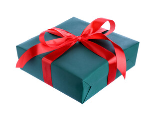 Beautifully wrapped gift box with red bow isolated on white
