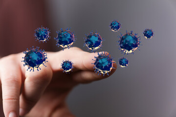 Artistic depiction of a virus, medical or scientific illustration. Touching viruses, infection concept, health
