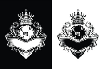 Vintage soccer badge template with blank ribbon for text edit. Retro football emblem t-shirt design with grunge texture. Monochrome engraving style vector illustration.