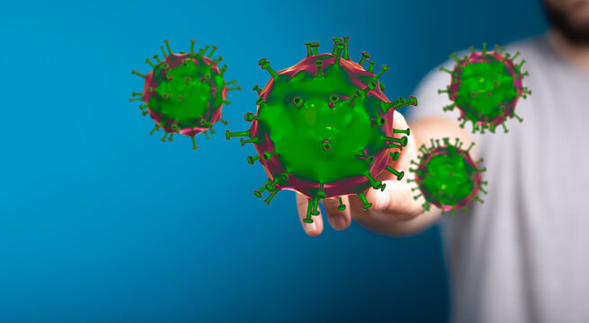 3D rendering of coronavirus particles floating in the air with hand pointing, symbol of virus disease and pand