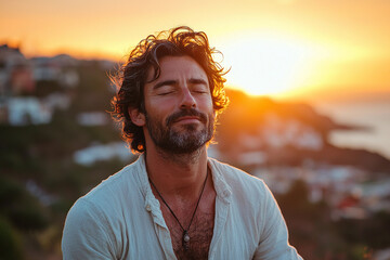 Man meditates during sunset near a coastal area Generative AI