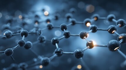 A close-up view of a complex molecular structure, interconnected and glowing, with depth of field creating an abstract pattern