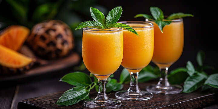 Tropical juice drinks on a wooden table with fresh fruit Generative AI - Powered by Adobe