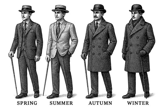 Vintage men's fashion: seasonal styles from spring to winter in engraved artwork