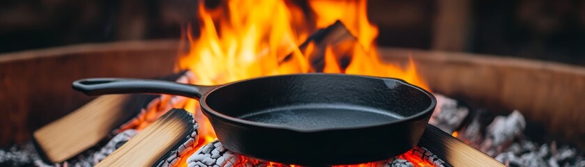 Cast Iron Skillet over Open Campfire, Cooking , Outdoors