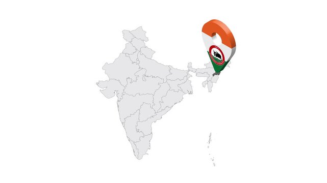 Location Nagaland on map India. 3d Nagaland emblem map marker location pin. Map of India showing different parts. 4K.  Animated Video