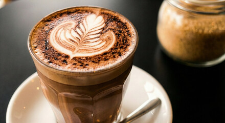 lose-up of a coffee latte in a glass with detailed leaf-shaped foam art