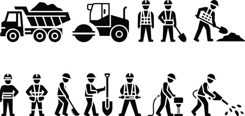 Black silhouette icons of construction workers and heavy machinery on white background Keywords: construction worker, dump truck © rayhan039