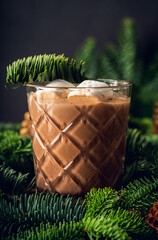 Glass with hot chocolate and marshmallow on the evergreen branches background. Cozy winter mood. Selective focus.