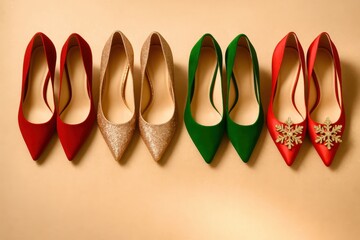 A row of four shoes, two of which are red and two of which are green