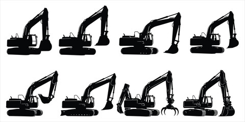 Collection of Black Silhouette Excavator Diggers and Construction Vehicles heavy equipment © rayhan039
