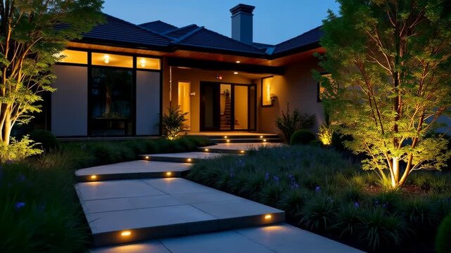 Modern gardening landscaping design details. Illuminated pathway in front of residential house. Landscape garden with ambient lighting system installation highlighting flowers plants. Late evening 