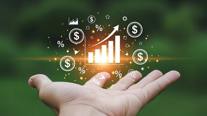 Business growth and finance concept with hand presenting increasing graph