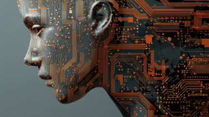a sleek, dark artificial intelligence head overlaid with bright orange electronic circuits. This image visualizes concepts of machine learning, cybernetics, brain-computer interfaces, big data