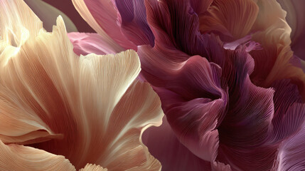 finely-lined, flowing, wavy shapes resembling flower petals or crumpled silk fabric. The soft gradient colors of gold, pale cream, and rich maroon create an elegant, organic texture.